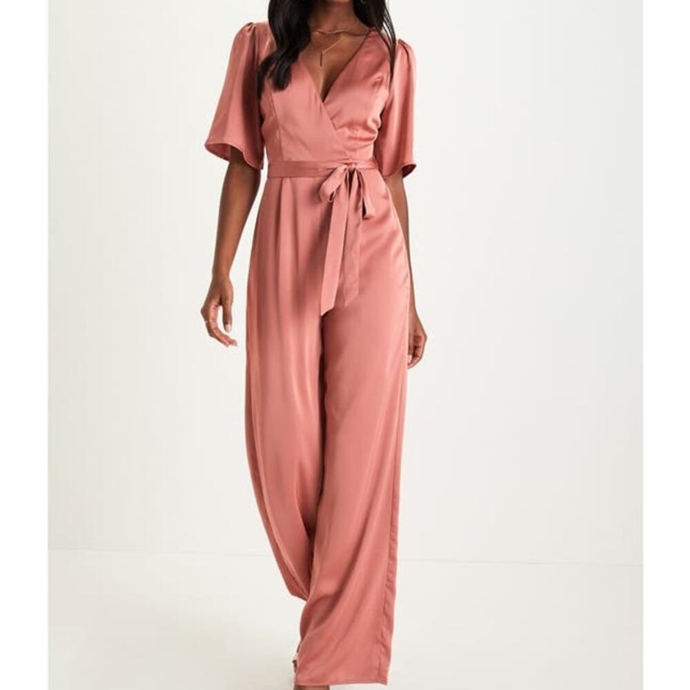 LULU'S SZ M Fabulous Pink Rusty Rose Satin Short Sleeve Wide-Leg Jumpsuit B23